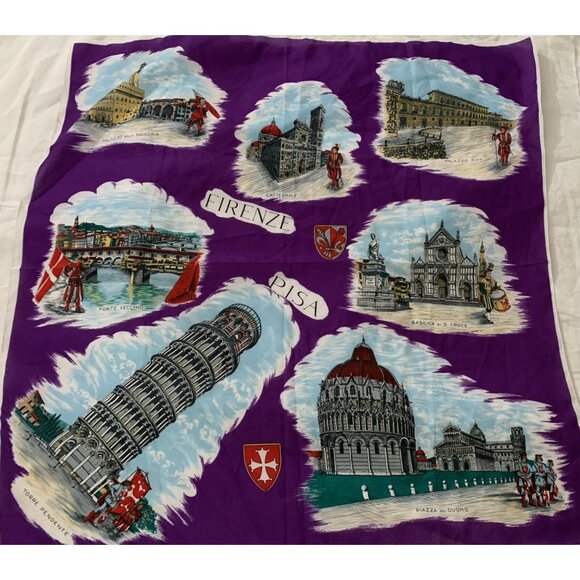 Vtg ITALY Bold Purple SOUVENIR SCARF Pisa Firenze FLORENCE Leaning Tower 29 x 30 - Picture 1 of 12